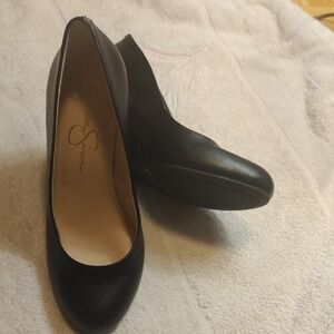 NWOT Jessica Simpson Faux Leather Wedge Pumps Size 5.5 Black Round Toe High Heel